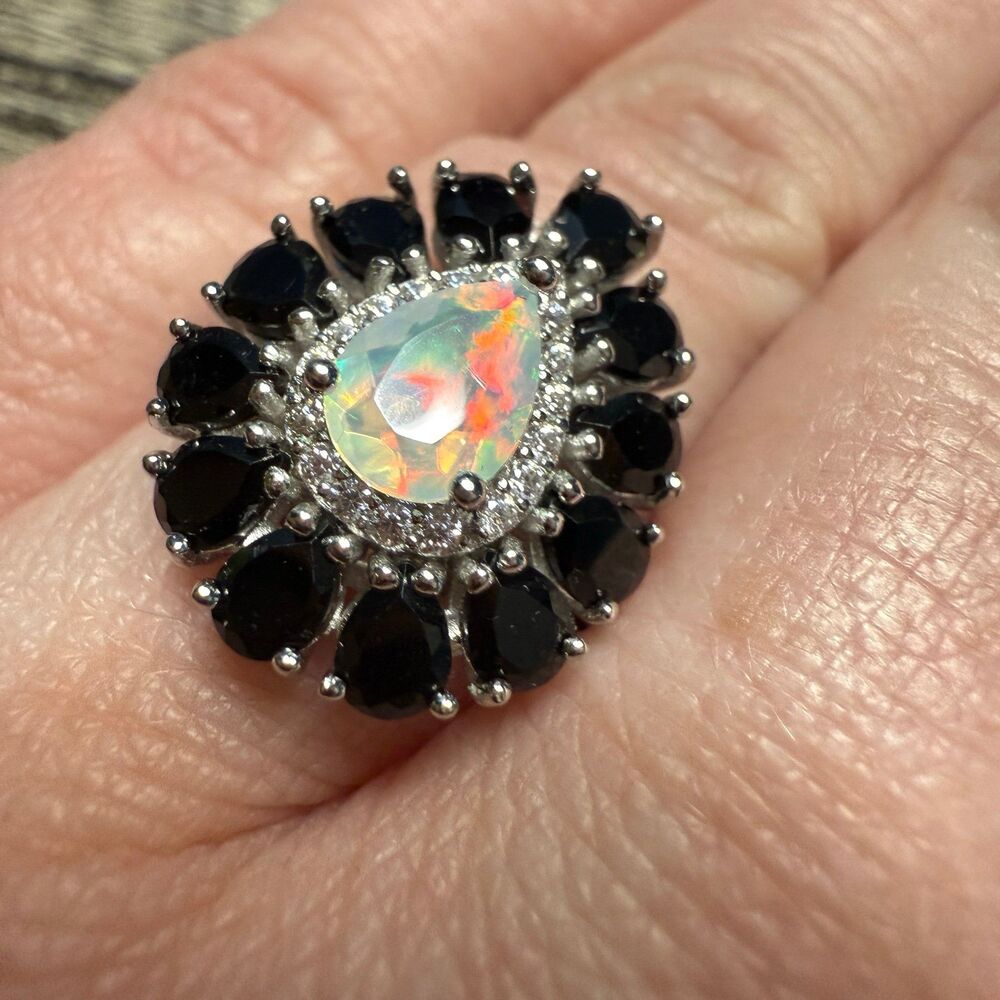 Ethiopian Opal and Black Spinel Sterling Silver Ring